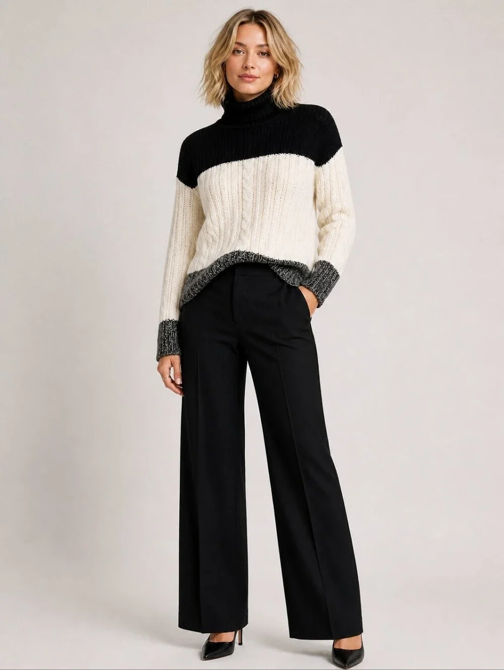 AQUA Cashmere Black Cream Colorblock Cable Knit Turtleneck Sweater Medium